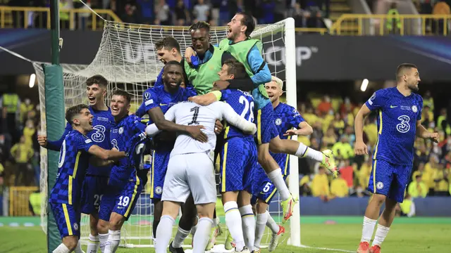 Kepa Arrizabalaga menjadi pahlawan Chelsea dalam babak adu penalti ketika mengalahkan Kepa Arrizabalaga pada Piala Super Eropa di Windsor Park, Belfast, Irlandia Utara, Kamis (12/8/2021) dini hari WIB.