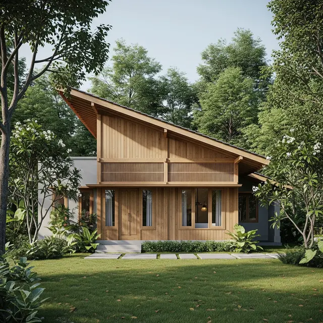 Inspirasi Fasad Rumah Desa dengan Kombinasi Kayu dan Atap Miring Minimalis