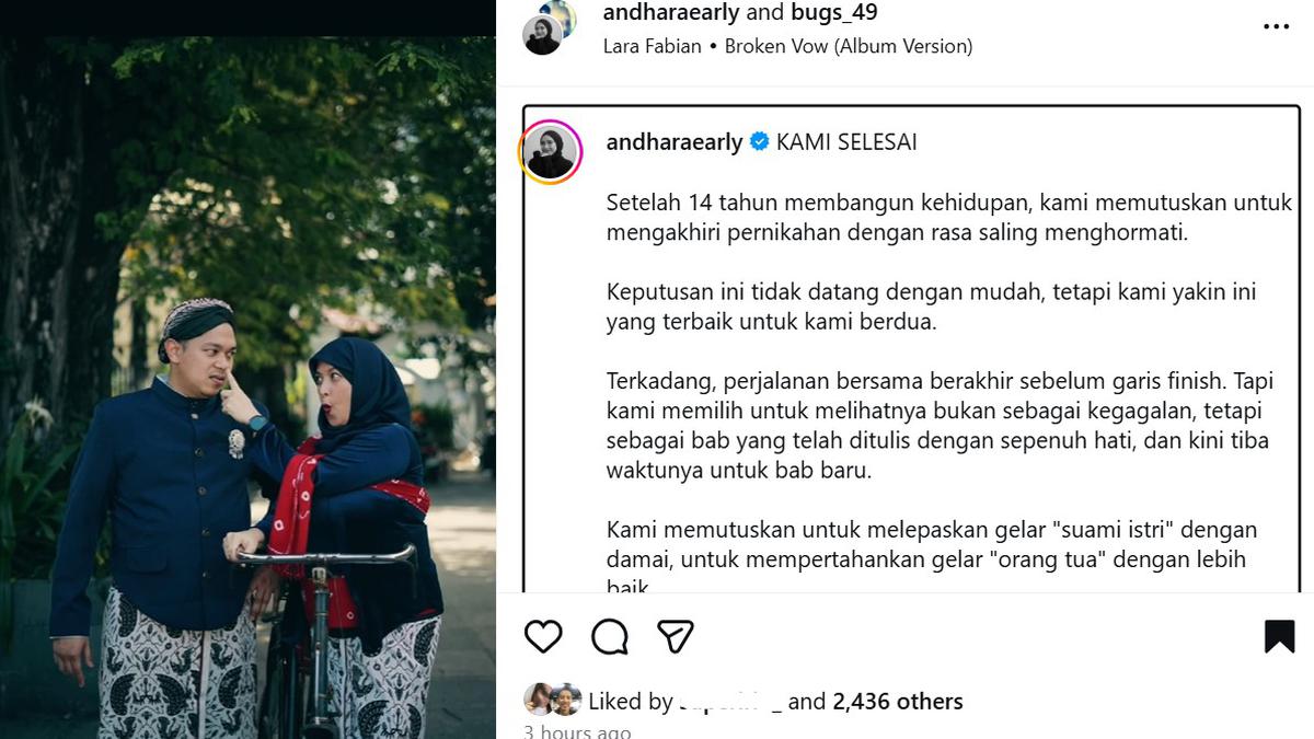Andhara Early Umumkan Perceraian Lewat Video Instagram, Akhiri 14 Tahun Pernikahan dengan Damai