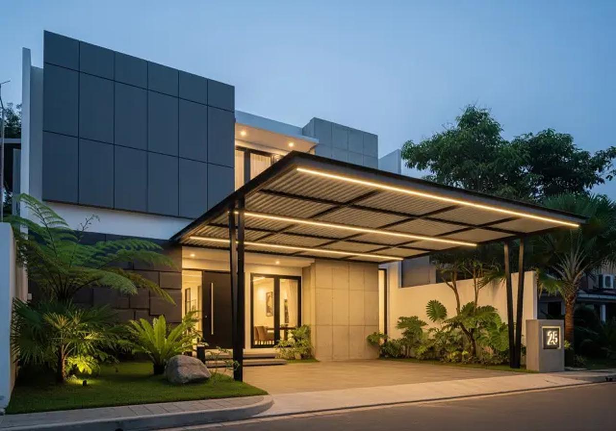 Kanopi Baja Ringan Flat dengan Finishing Hitam/rumah dengan carport baja ringan modern minimalis (Sumber: gemini.com)