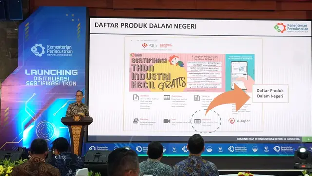Menteri Perindustrian Agus Gumiwang Kartasasmita memberikan sambutan pada Launching Digitalisasi Sertifikasi TKDN di Jakarta, Rabu (27/9/2023). (Dok Kemenperin)
