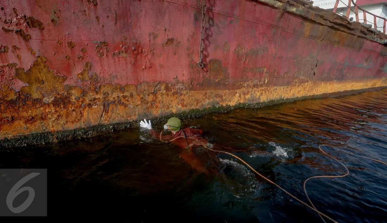 Supardi mencari kerang hijau di dekat kapal Tongkang di kawasan pesisir Cilincing, Jakarta, Jumat (17/6). (Liputan6.com/Faizal Fanani)