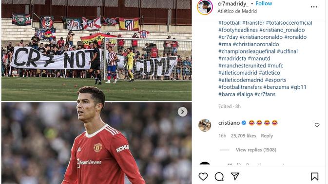 <p>Suporter Atletico Madrid menolak kedatangan Cristiano Ronaldo yang ngakak guling-guling. (Potongan layar Instagram).</p>