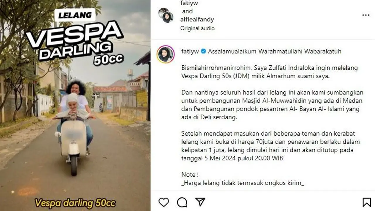Unggahan Istri Babe Cabita melelang Vespa kesayangan suaminya. (Instagram.com/@fatiyw)