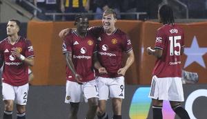 Skuad Manchester United merayakan gol Patrick Dorgu ke gawang Bournemouth (AP Photo/Nam Y Huh)