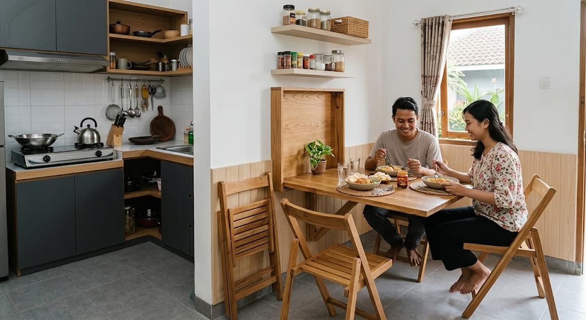 Ide dapur kecil dengan meja makan lipat yang cocok buat rumah minimalis model menempel di dinding
