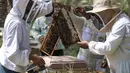 Penjaga di Najaf terpaksa mengangkut kerangka lebah mereka ke Hilla karena kekeringan dan kurangnya padang rumput di kota asal mereka, yang menyebabkan kematian sebagian besar populasi lebah. (AFP/AHMAD AL-RUBAYE)