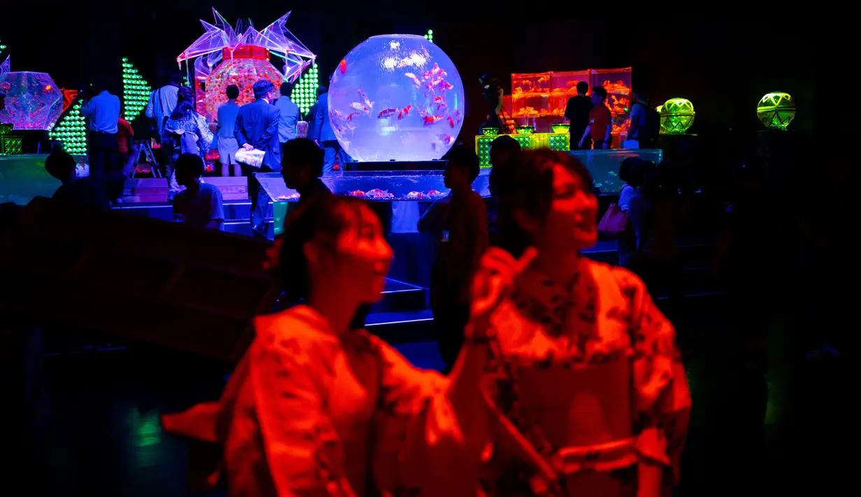 Dua wanita mengenakan kimono melihat ikan mas saat pratinjau pers dari pameran EDO Nihonbashi Art Aquarium 2018 di Tokyo, Jepang (5/7). Pameran tersebut menampilkan sekitar ribuan ikan mas. (AFP Photo/Martin Bureau)