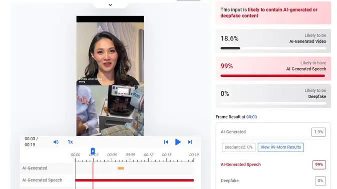 Video klaim Gubernur Maluku Utara Sherly Tjoanda Laos mengumumkan bantuan uang tunai menunjukkan buatan AI. (Foto: tangkapan layar Hive moderation)
