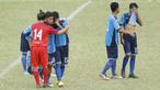 Pemain Unitomo Surabaya tampak sedih usai takluk dari UMM Malang pada laga Torabika Campus Cup 2017 di Stadion Universitas Negeri Malang, Rabu, (01/11/2017). UMM menang adu penalti 4-3 atas Unitomo. (Bola.com/M Iqbal Ichsan)