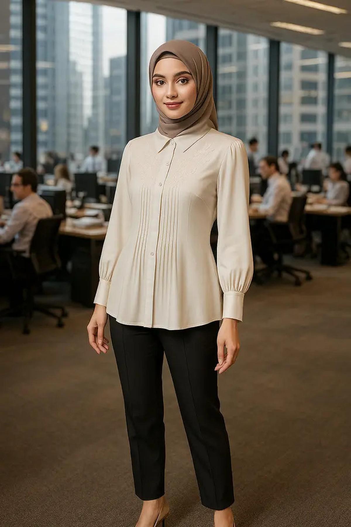 7 Rekomendasi Baju Kantor Berjilbab Blus Lengan Panjang
