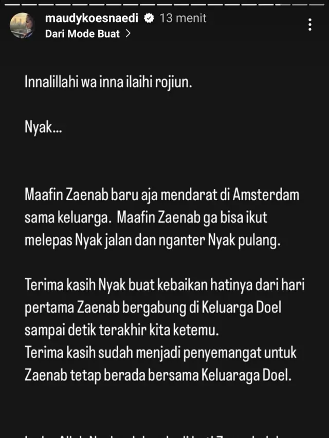 Unggahan Maudy Koesnaedi untuk almarhumah Aminah Cendrakasih. (Foto: Dok. Instagram @maudykoesnaedi)