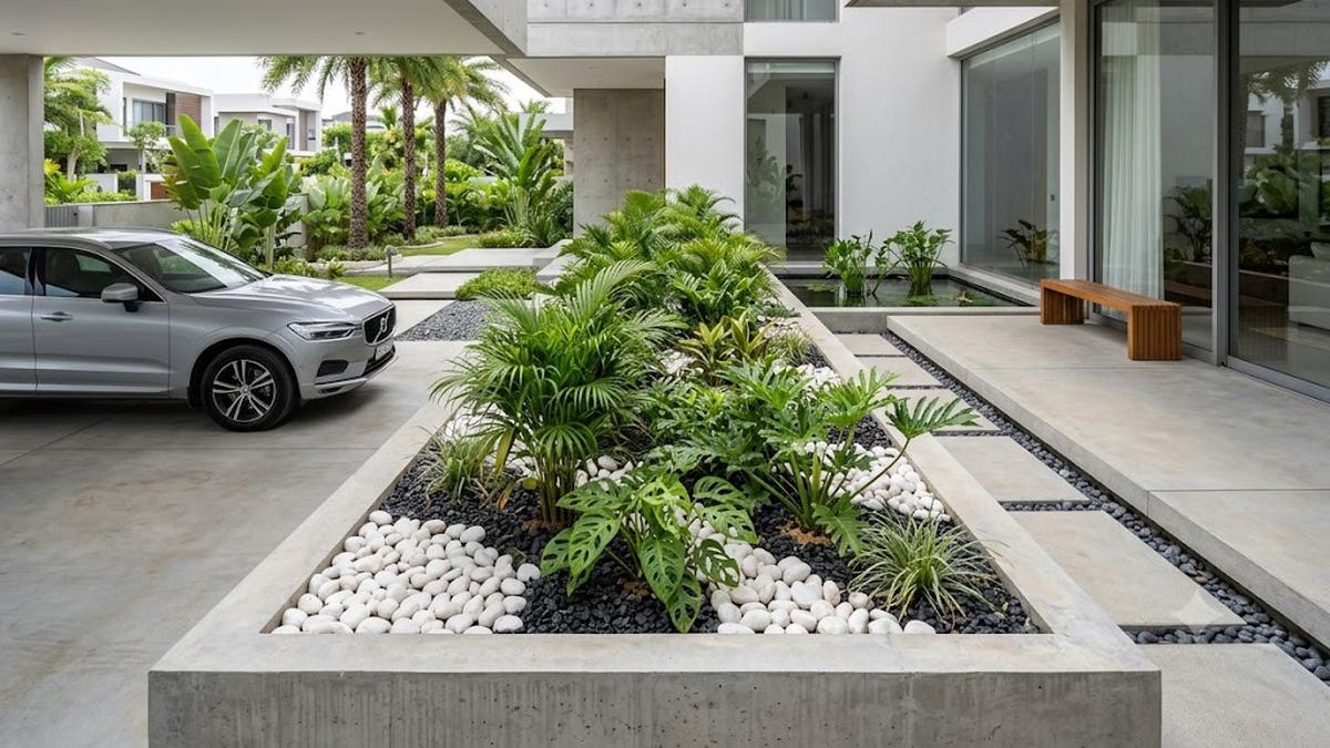 7 Model Teras dengan Pot Cor Memanjang yang Bikin Rumah Tampak Lebih Rapi dan Asri
