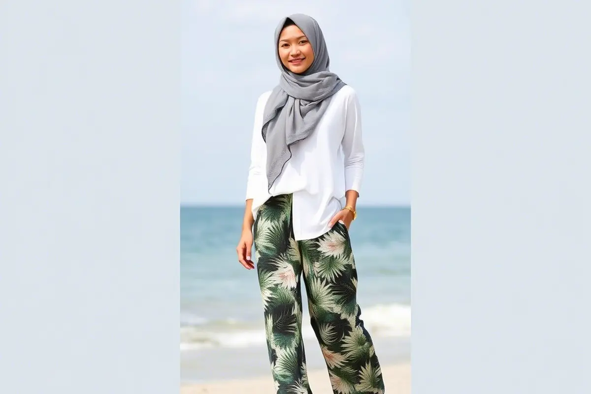 Inspirasi Outfit Hijab: Kaos Polos + Celana Wide Pants Motif