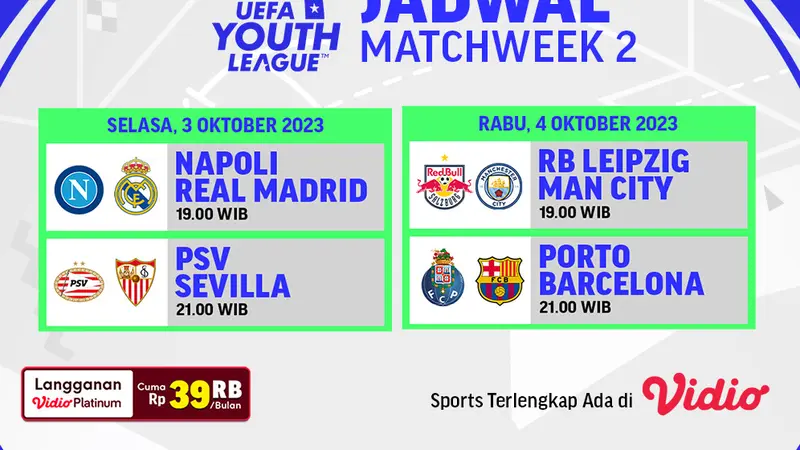 Jadwal Live Streaming UEFA Youth League Week 2 di Vidio, 3&4 Oktober 2023