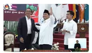 Momen Presiden Terpilih 2024 Prabowo Subianto bersalaman dengan Calon Presiden (Capres) Nomor Urut 01 Anies Baswedan usai menyampaikan pidato di Komisi Pemilihan Umum Republik Indonesia (KPU RI). (Tangkapan Layar YouTube KPU RI)