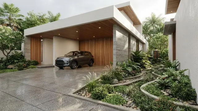 Carport Minimalis dengan Rain Garden di Samping Area Parkir