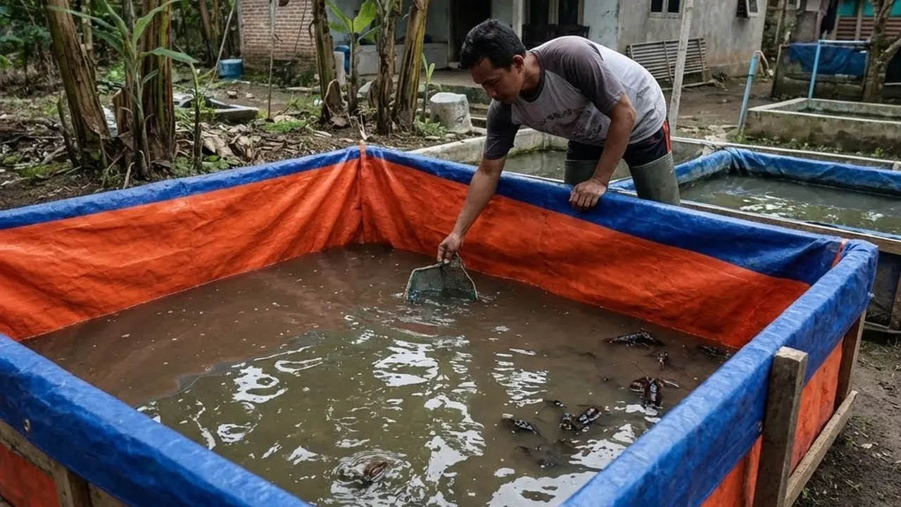 Menjaga ketinggian air kolam terpal berisi lobster air tawar 20-30 cm saja (Gemini AI)