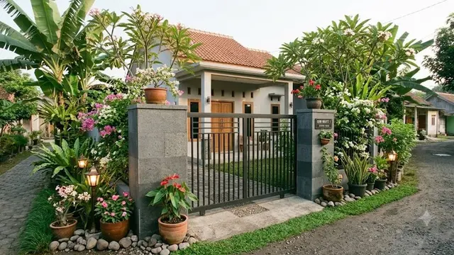 Model Gerbang Rumah Kecil di Kampung dengan Pilar Batu Alam (AI Generated)