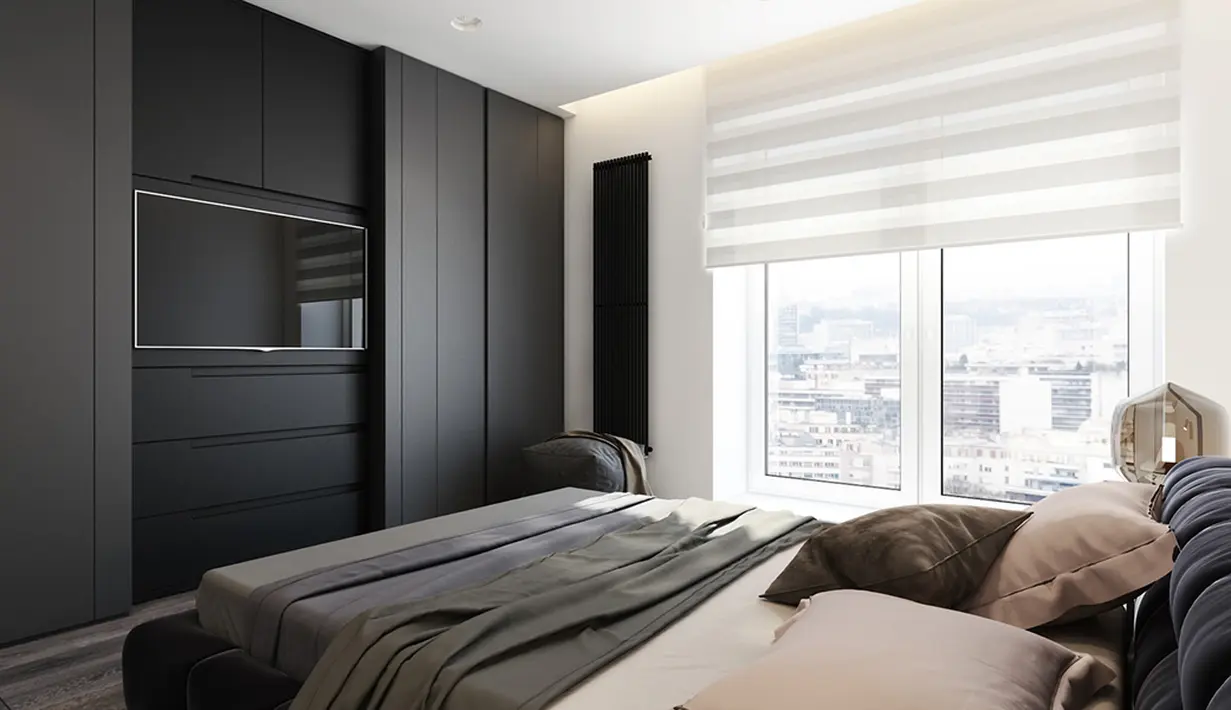 Penggunaan warna turunan hitam-putih menghadirkan kesan lembut dan rileks di kamar.(home-designing.com)