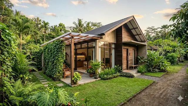 Model Rumah Mungil dengan Tanaman Rambat di Sisi Rumah