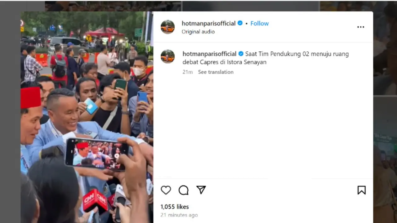 Pengacara kondang dan fenomenal Hotman Paris hadir di lokasi debat calon presiden (capres) di Istora untuk mendukung pasangan calon (paslon) nomor urut 2 Prabowo-Gibran.