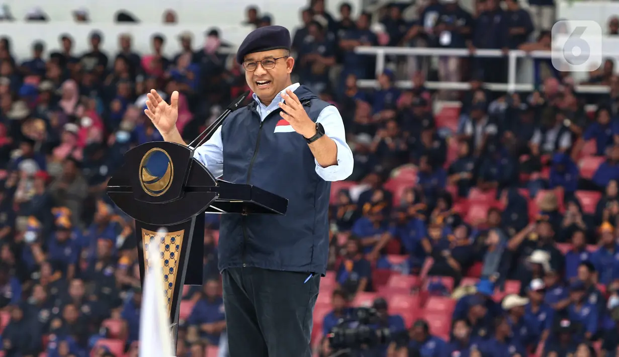 Anies menyampaikan seluruh kader NasDem yang datang dari setiap provinsi di Indonesia hadir di GBK menantikan perubahan. (Liputan6.com/Angga Yuniar)