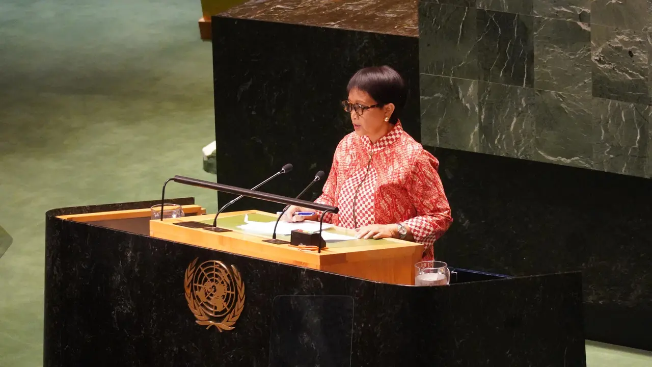 Menteri Luar Negeri RI Retno Marsudi dalam Sidang Majelis Umum (SMU) PBB di New York, Amerika Serikat, Kamis (26/10/2023). (Dok: Kemlu RI)