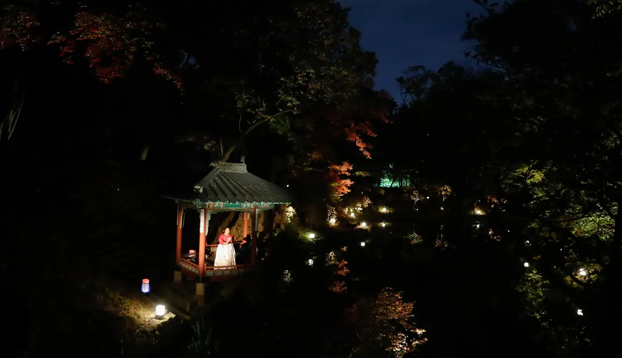 Seorang penampil menampilkan pertunjukan tradisional di secret garden Istana Changdeokgung dalam acara tur sinar rembulan di Seoul, pada 29 Oktober 2020. Istana Changdeokgung dianggap sebagai mahakarya arsitektur karena bangunannya yang selaras dengan kondisi alam sekitar. (Xinhua/Wang Jingqiang)