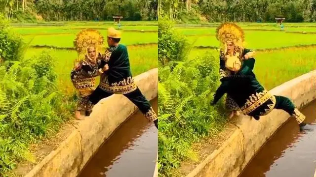 Kocak, Momen Apes Pasangan Pengantin Saat di Sawah Ini Bikin Sakit Pinggang