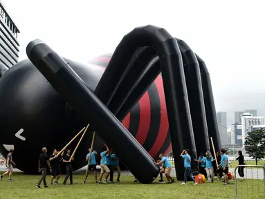 Pekerja sedang mendirikan balon laba-laba raksasa di kawasan Marina Bay, Singapura, Senin (6/2). Balon laba-laba raksasa tersebut dibuat oleh seniman Singapura Jackson Tan. (AFP PHOTO / ROSLAN RAHMAN)