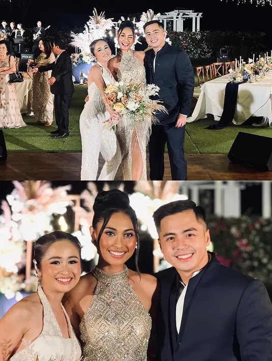 Penyanyi berdarah Arab-Manado, Novia Bachmid tampil cantik dengan dress model halter bernuansa silver. Foto bersama pengantin.  [Instagram/noviabachmid]