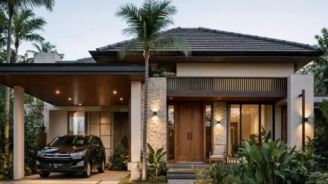 Ide Desain Halaman Depan Rumah dengan Carport dan Teras (AI Generated)