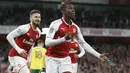 Pemain Arsenal, Eddie Nketiah merayakan golnya ke gawang Norwich City pada laga Piala Liga Inggris di Emirates Stadium, London, (24/10/2017). Arsenal menang 2-1. (AP/Alastair Grant)