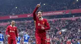 Pemain Liverpool, Federico Chiesa melakukan selebrasi setelah mencetak gol ke gawang Accrington Stanley pada laga lanjutan Piala FA 2024/2025 yang berlangsung di Anfield, Liverpool, Inggris, Sabtu (11/01/2025). (AP Photo/PA/Peter Byrne)