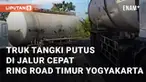 As truk tangki putus di utara lampu merah Karangturi Ringroad Timur. Kejadian ini menyebabkan jalur cepat mobil tertutup total
