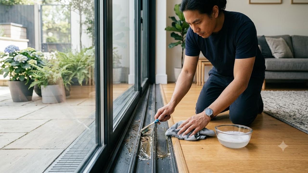 Membersihkan Sela-Sela Pintu Geser