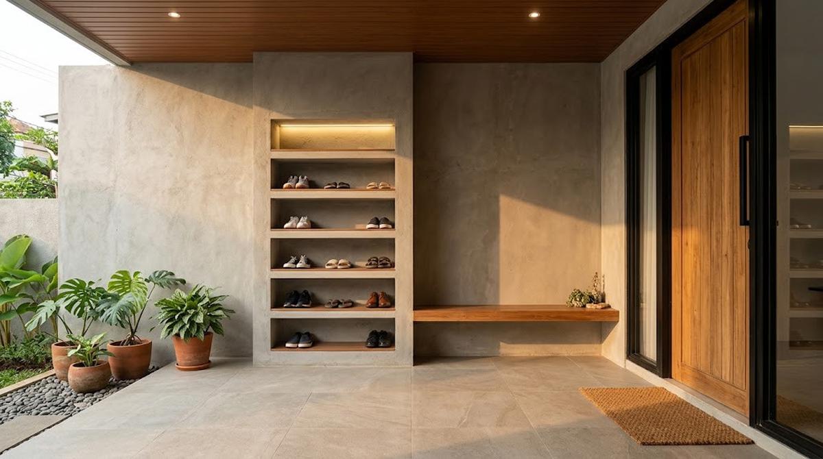 Model Dinding Teras dengan Ceruk untuk Menaruh Sepatu dan Sandal/AI Generated