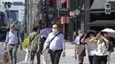 Orang-orang yang memakai masker melintasi persimpangan di Tokyo Kamis (5/8/2021). Meningkatnya kasus virus corona di sejumlah wilayah di Jepang, termasuk Tokyo, membuat pemerintah memperluas status darurat terbatas Covid-19 ke delapan prefektur. (AP Photo/Kantaro Komiya)