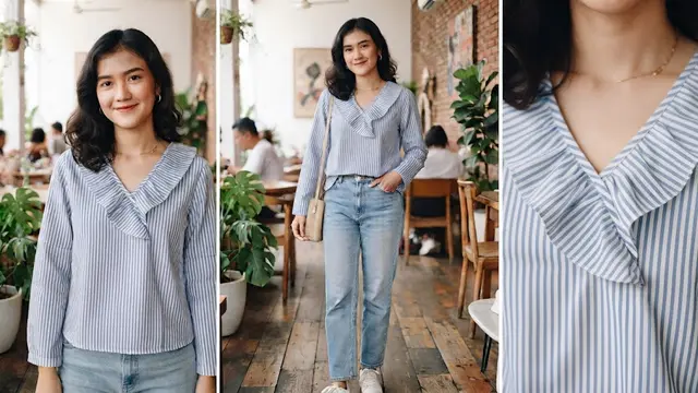 Blouse Salur dengan Ruffle Kerah V