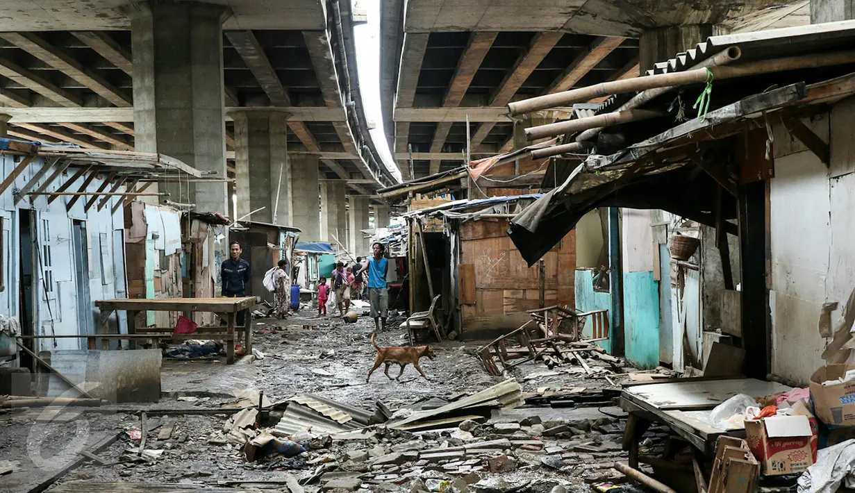 Kondisi pemukiman di Kolong Tol Pluit, Jakarta, Rabu (2/3/2016). Pemprov DKI membongkar 385 bangunan di kawasan tersebut berdasarkan Perda No 8 Tahun 2007 tentang ketertiban umum. (Liputan6.com/Yoppy Renato)