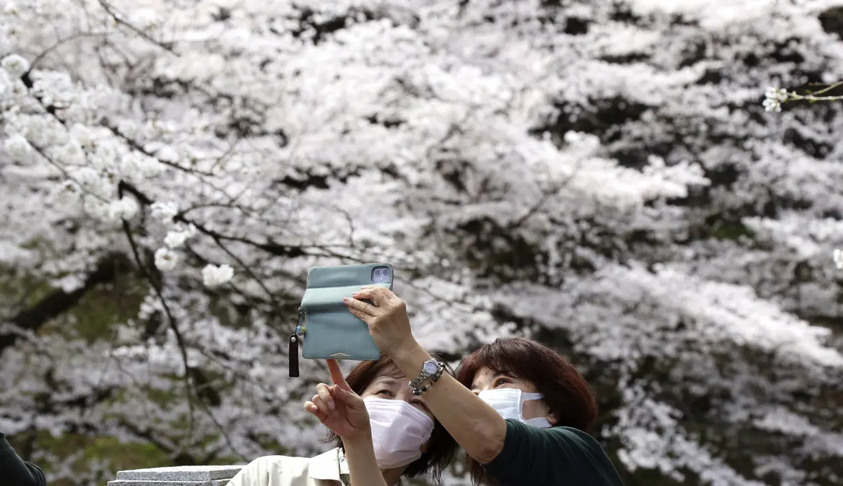Orang-orang yang memakai masker berfoto selfie bersama, saat mereka melihat bunga sakura mekar penuh di Taman Chidorigafuchi di Tokyo, Jepang, Senin (28/3/2022). (AP Photo/Koji Sasahara)