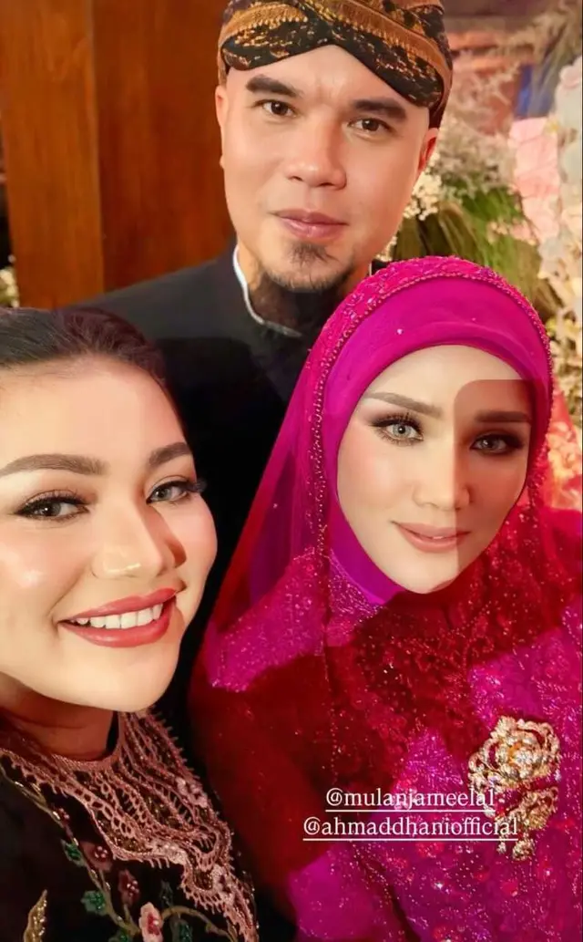 6 Potret detail gaya Mulan Jameela bersanding dengan suami di ngunduh mantu, menyala berkebaya fuchsia