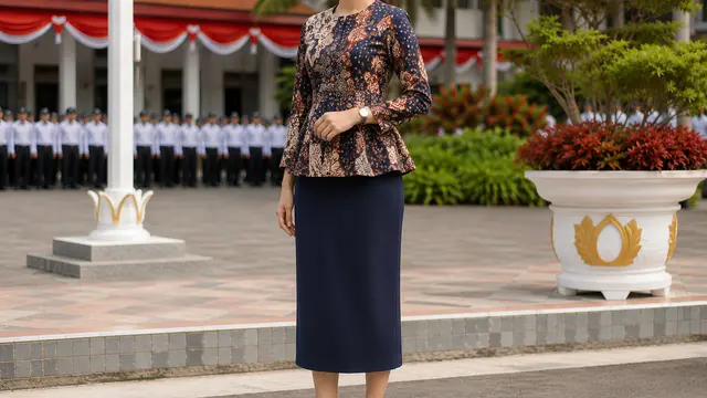 Blus Batik Peplum dan Rok Midi Warna Navy