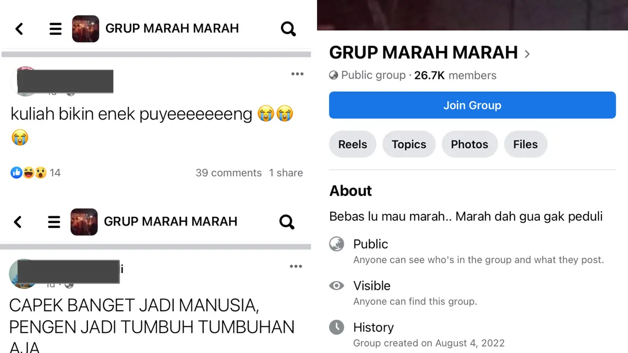 Potret akun GRUP MARAH MARAH dan unggahan di dalamnya. (Sumber: Facebook/Grup Marah Marah)