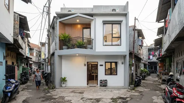 Desain rumah 2 lantai di gang sempit tanpa halaman depan yang bisa jadi resolusi hunian minimalis elegan di 2027 model fasad geometris