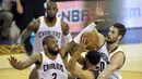 Pemain Raptors, Cory Joseph (6), berusaha melewati hadangan para pemain Cleveland Cavaliers pada Final Wilayah Timur, NBA Playoffs 2016 di Quicken Loans Arena, Cleveland, Rabu (18/5/2016) WIB. Cavs menang 115-84. (David Richard-USA TODAY Sports/Reuters)