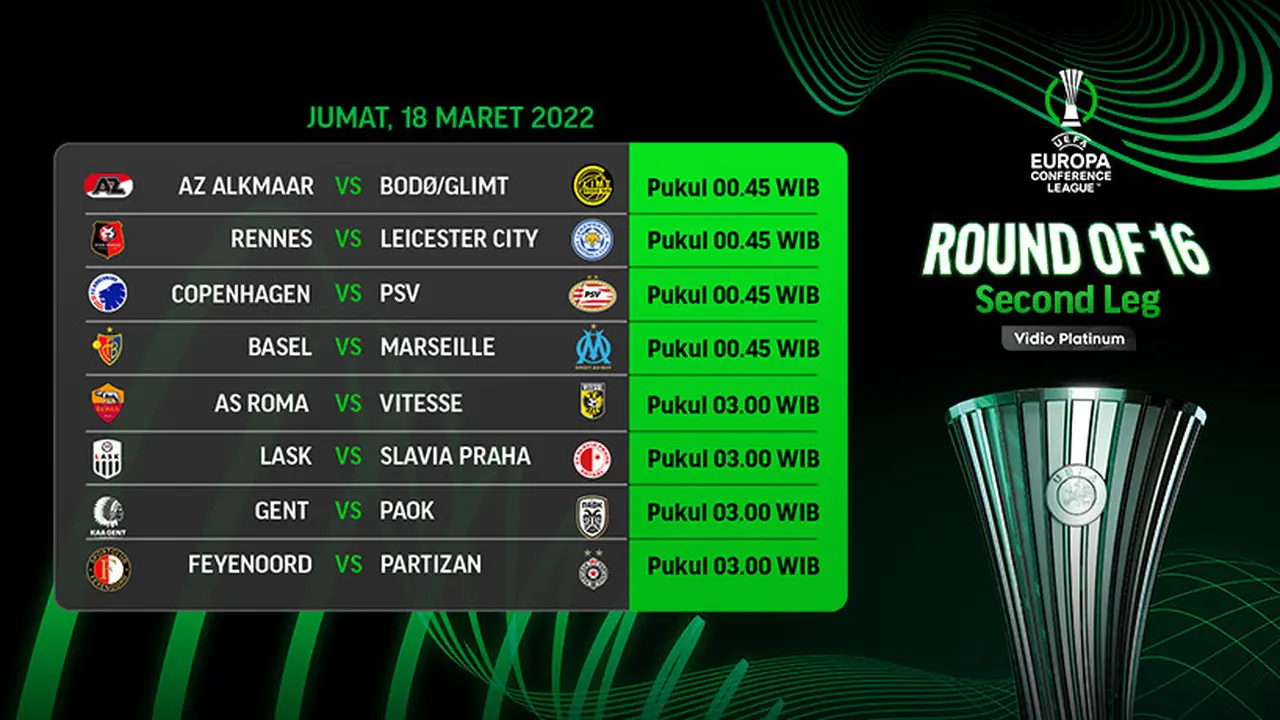Link Live Streaming UEFA Conference League 2021/2022 Leg Kedua 16 Besar di Vidio, Jumat 18 Maret 2022