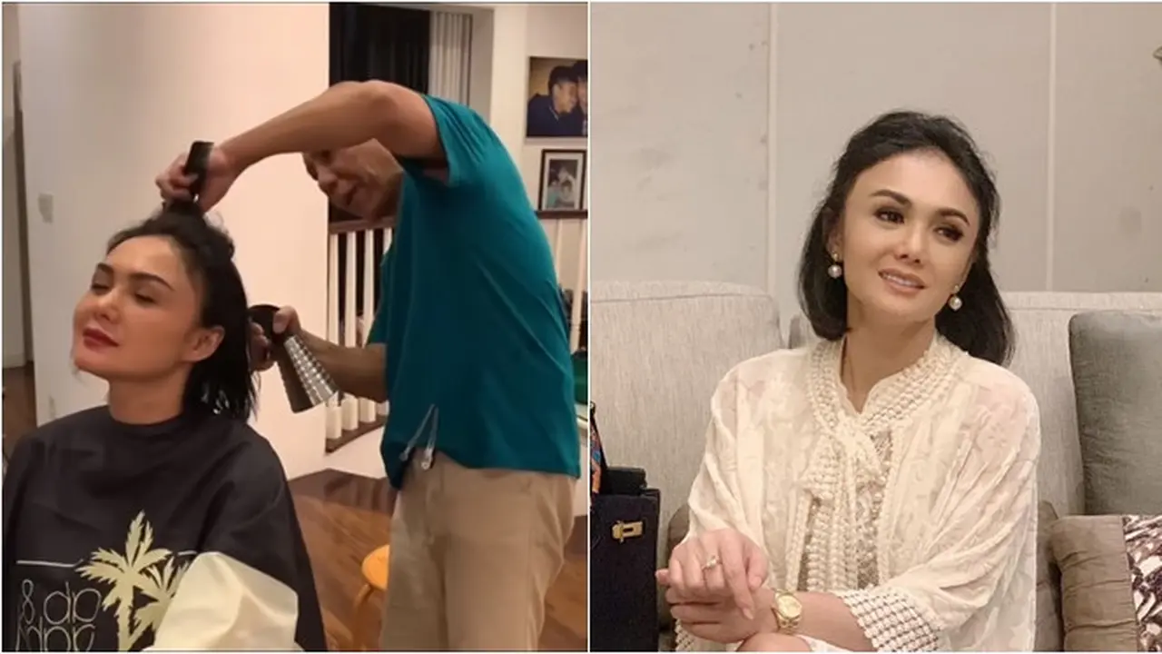 Momen Yuni Shara potong rambut di rumah