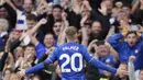 Pemain Chelsea,Cole Palmer, melakukan selebrasi setelah mencetak gol ke gawang Brighton pada laga pekan keenam Liga Inggris 2024/2025. Bermain di Stamford Bridge, The Blues menang dengan skor telak 4-2. (AP Photo/Kin Cheung)
